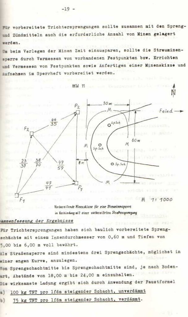 Vorbereitete Minenskizze für eine Straßensperre in Verbindung mit einer vorbereiteten Straßensprengung